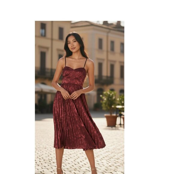 Lulus Chic Sensibility Burgundy Satin Jacquard Pleated Midi Dress Size XL New - Picture 5 of 12